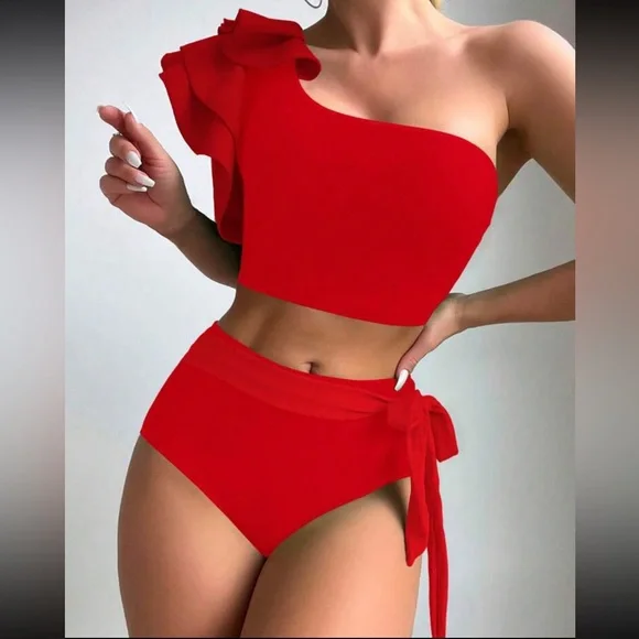 Black Swimsuit Swear wear Ruffle Trim One Shoulder Top High Waist Bottom - Picture 4 of 15